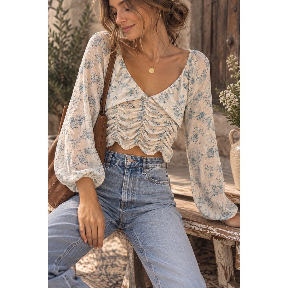 Free People Final Rose Top Medium Ivory Blue Floral Ruched Romantic Boho Blouse